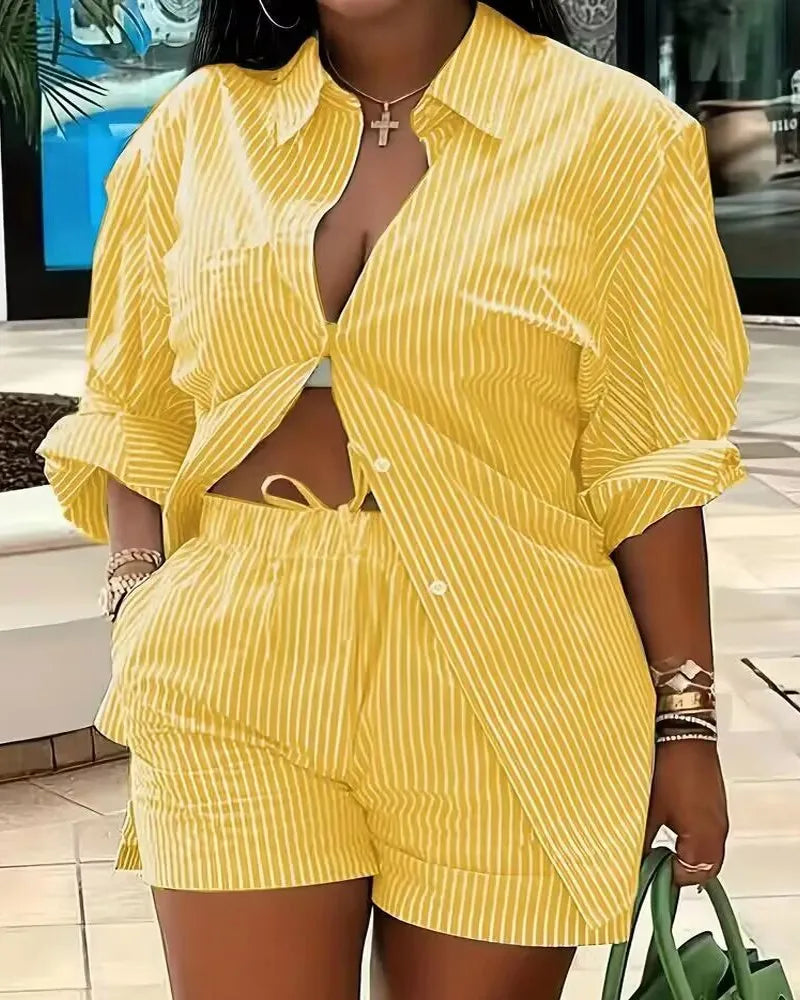 Casual Geometric Print Shirt Shorts Two Piece Set for Women