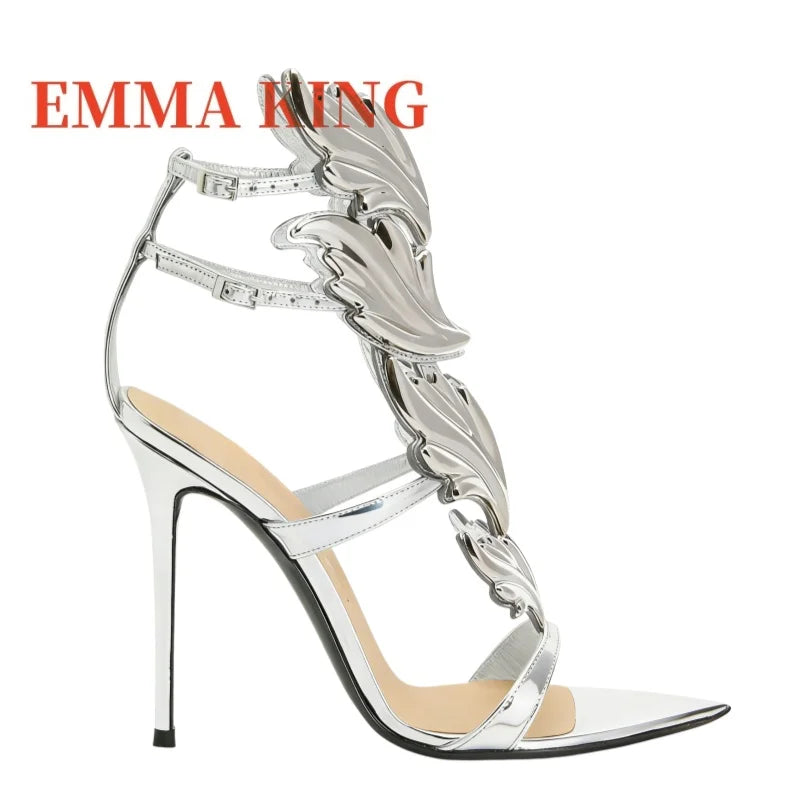 Metallic Winged Ankle Strap High Heel Sandals for Women
