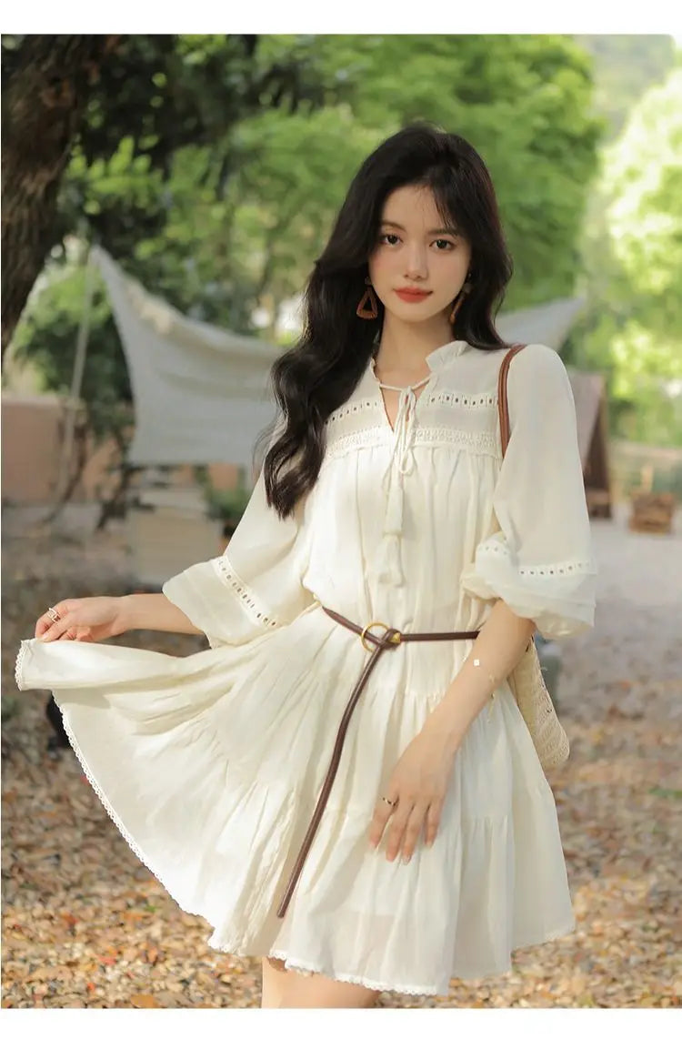 Vacation Style Boho Chic Lace Up Midi Dress for Women