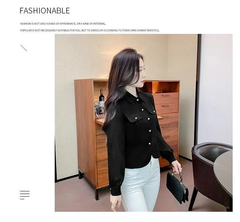 Autumn 2025 New Women Short Long-sleeved Chiffon Blouse Shirt Western-style Blouse Female  Slim Pure Colour Bottoming Shirt