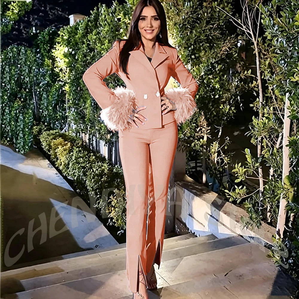 Luxury Feather Women's Suit Sim Fit Peak Lapel Jacket Pants with Split Fashion Outfit for Office Lady Party Business Wear