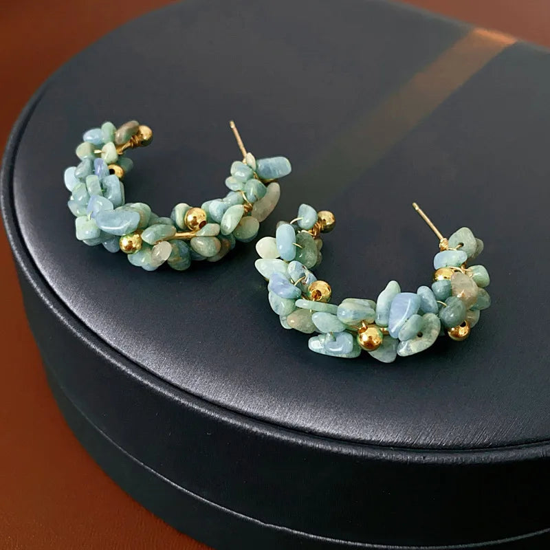 Navy Stone Irregular Hoop Earrings