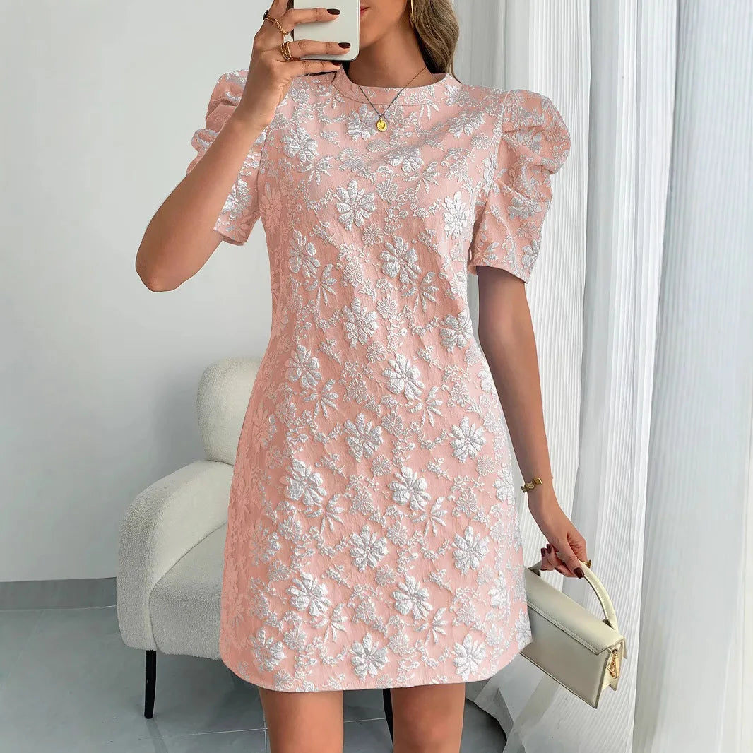 Textured Jacquard Puff Sleeve Midi Dress for Women