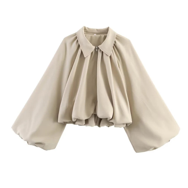 Elegant Solid Bomber Jacket With Puff Sleeves for Women