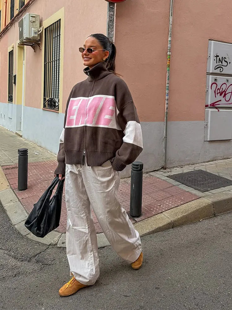 Letter Women 's Sweater Stand Collar Y2k Knit Sweaters For Woman Zipper Full Sleeve Tops Female 2025 Winter Men Jacket Knitwear