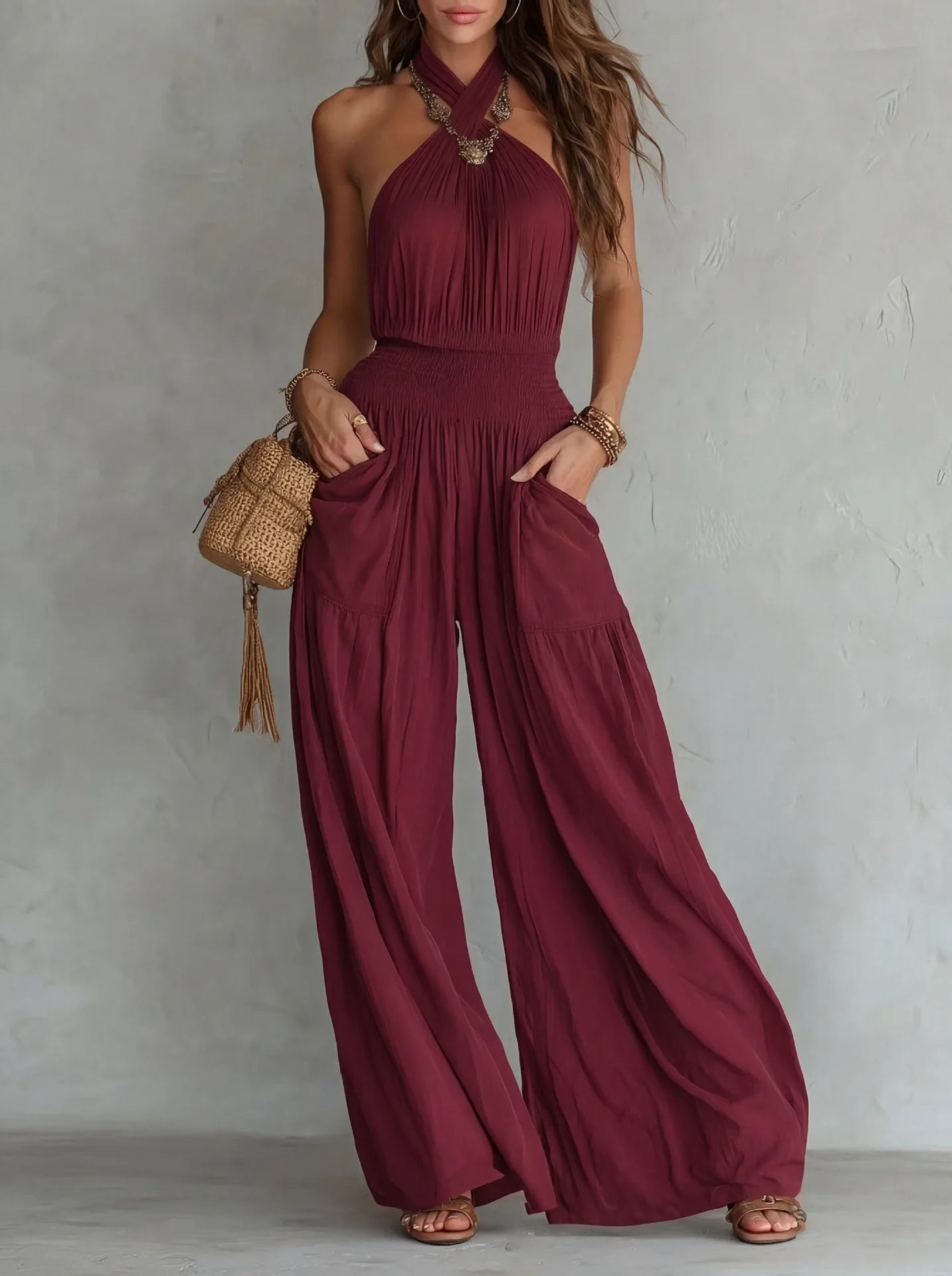 Halter Neck Solid Color Smocked High Waist Wide Leg Pockets Jumpsuit for Women