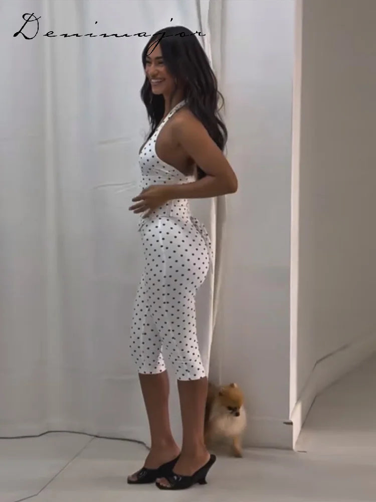 Polka Dot Halter Corset Top and Cropped Pants Set for Women