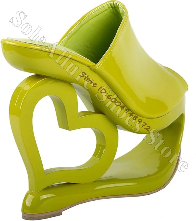 Patent Leather Heart Hollow Sculptural Wedge Mules for Women