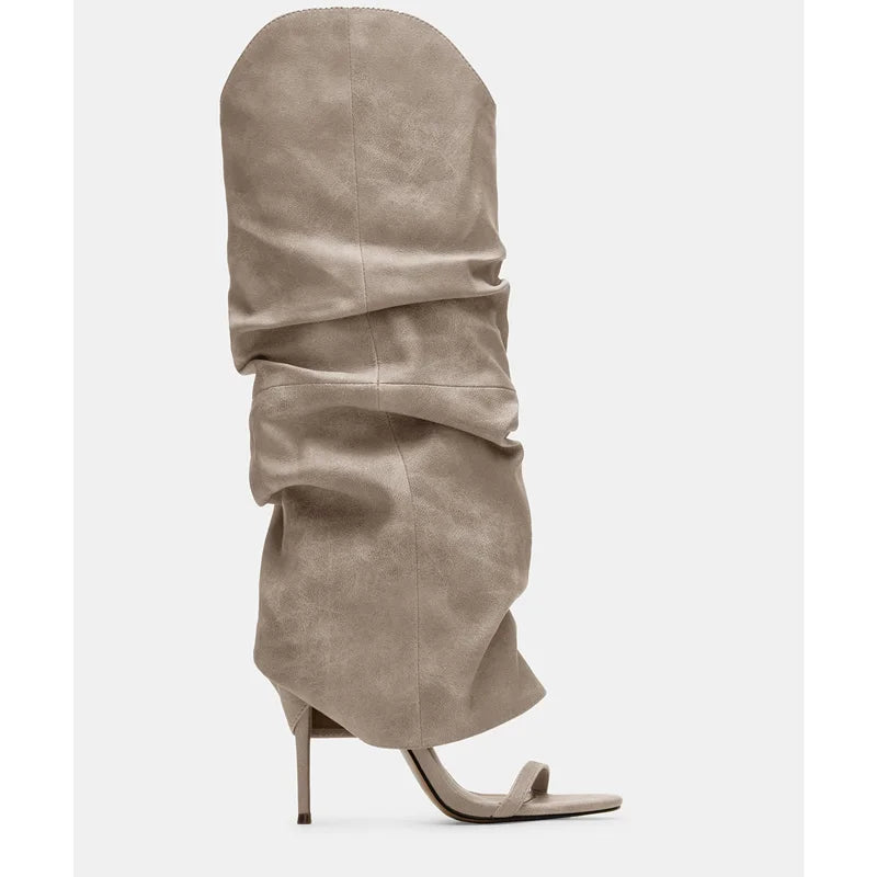 Pointed Toe Knee High Thin Heel Leather Boots for Women