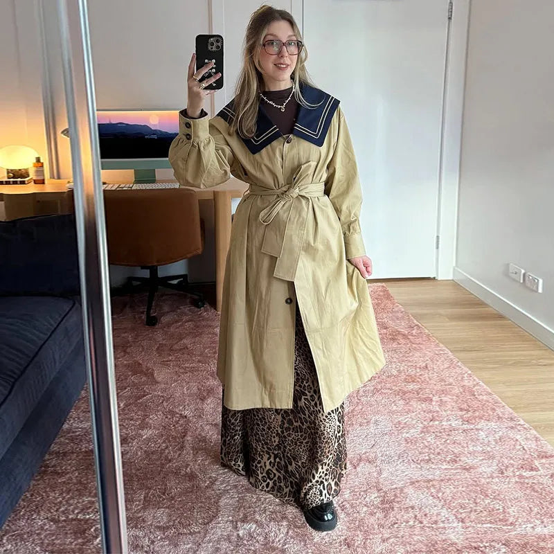 Autumn Patchwork Lace Up Windbreaker Coat for Women