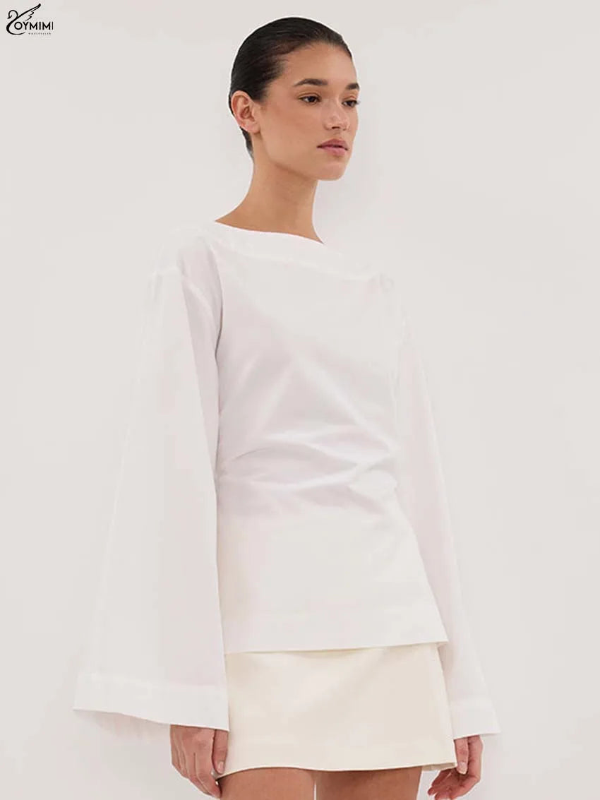 Oymimi Fashion Black Cotton Women's Blouse Elegant O-Neck Long Sleeve Loose Blouses Casual New Solid Lace-Up Blouses Streetwear