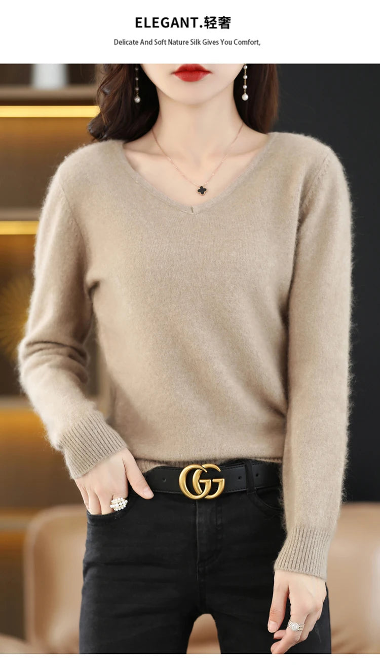 Soft Warm Loose Fit V Neck Cashmere Sweater for Women