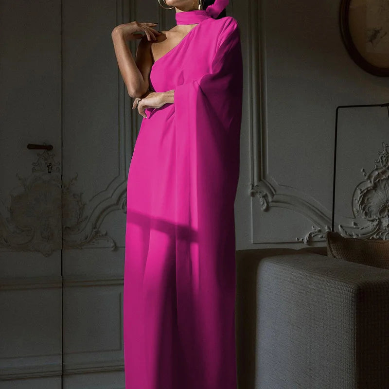 Elegant Halter One-Shoulder Loose Party Dress Lady Solid Color  Temperament Banquet Maxi Dress 2023 Casual Women Fashion Vestido