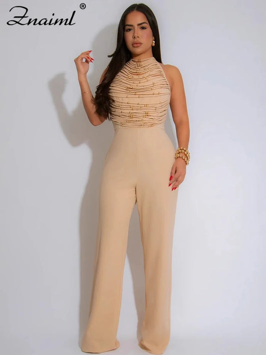 Znaiml Elegant Long Jumpsuits for Women Summer Sleeveless Halter Lace Up Backless Bandage Wide Leg Pants Rompers One Pieces 2025