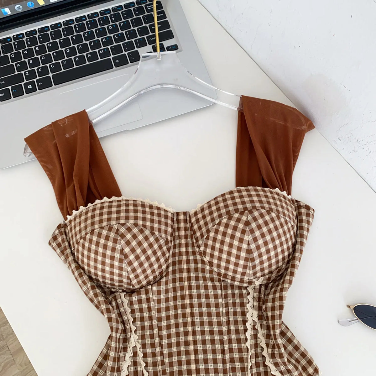 Retro Gingham Lace Up Bustier Corset Top for Women