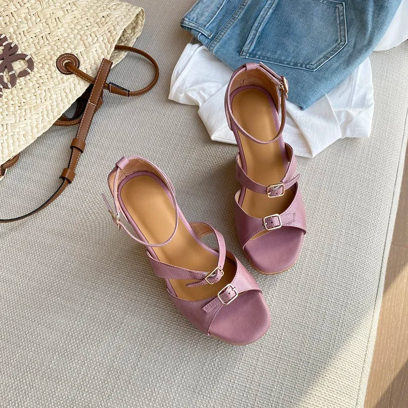 Elegant Apricot Buckle Platform Thick Heel Wedge Sandals for Women