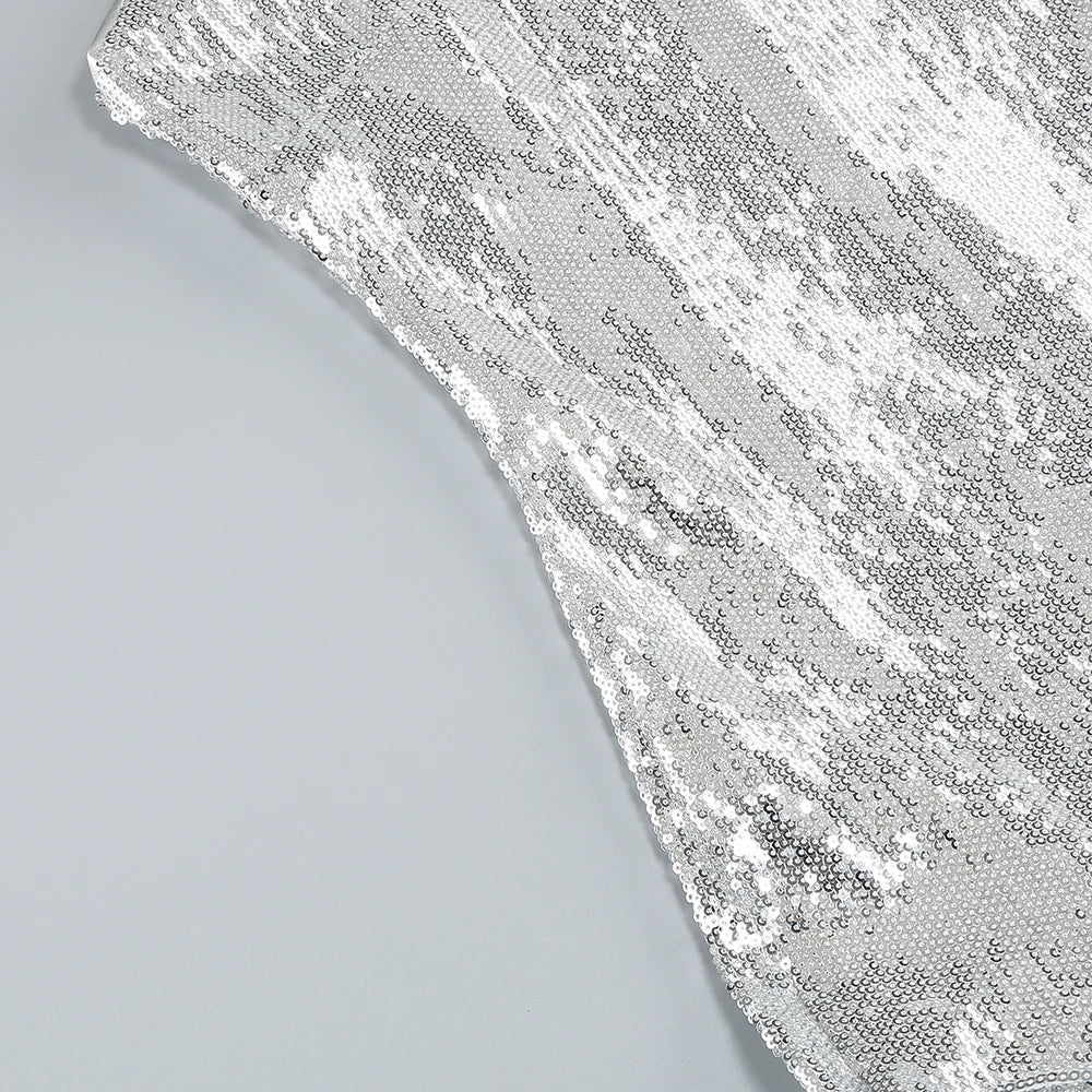 Glamorous Women's Silver Sequin Spaghetti Slip Mini Dress with Ruffled Hem Shiny Flower Party Night Club and Special Occasion