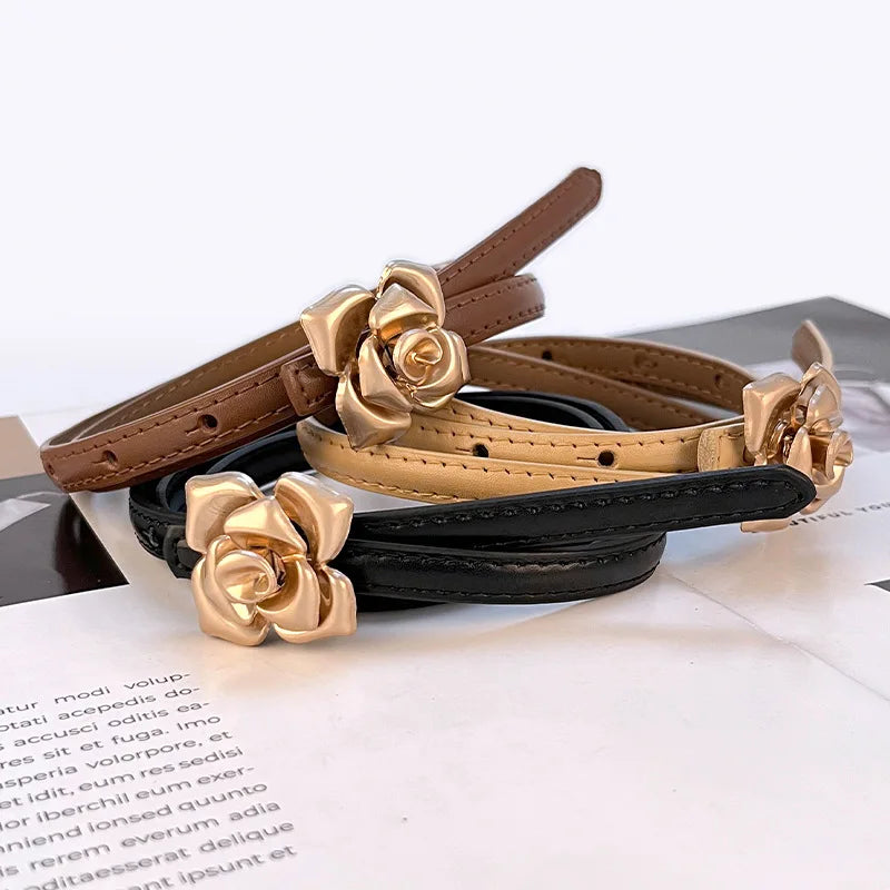 Double Sided Metal Flower Buckle Thin Belt for Women