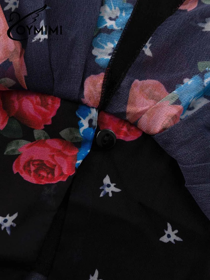 Oymimi Elegant Black Print Two Piece Set For Women Fashion Ruffled Long Sleeve Crop Shirts And Side Slit Floor-Length Skirts Set