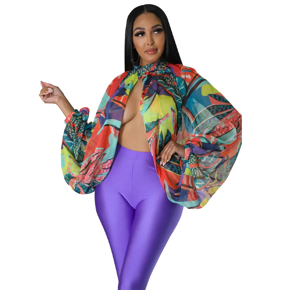 Sheer Lantern Sleeve Blouse with Tie Back for Women
