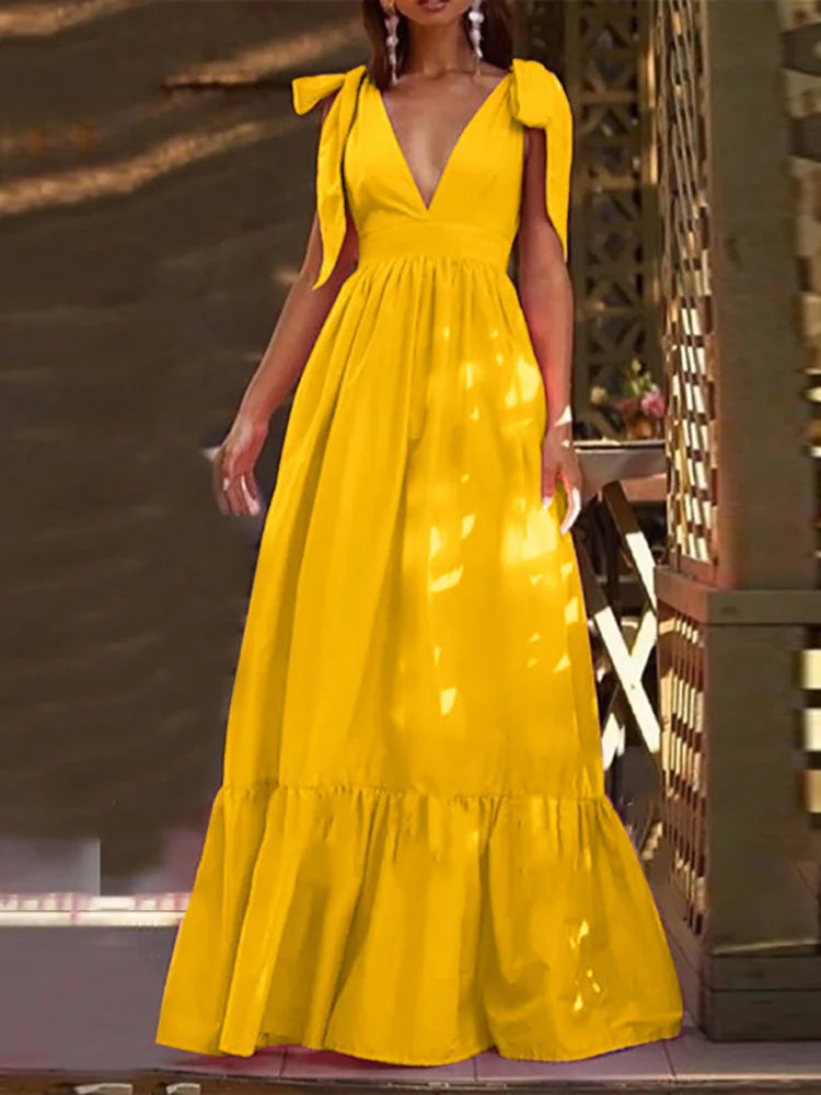Elegant Backless V-Neck Ruffle Maxi Party Dress for Women