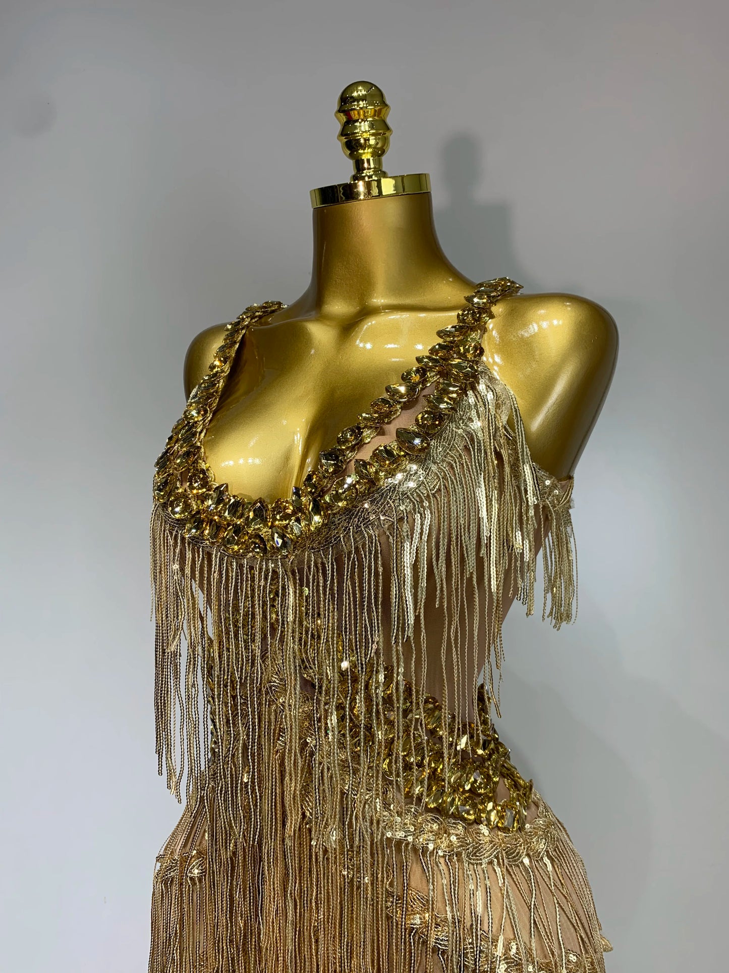 Gold Rhinestones Fringe Jumpsuit