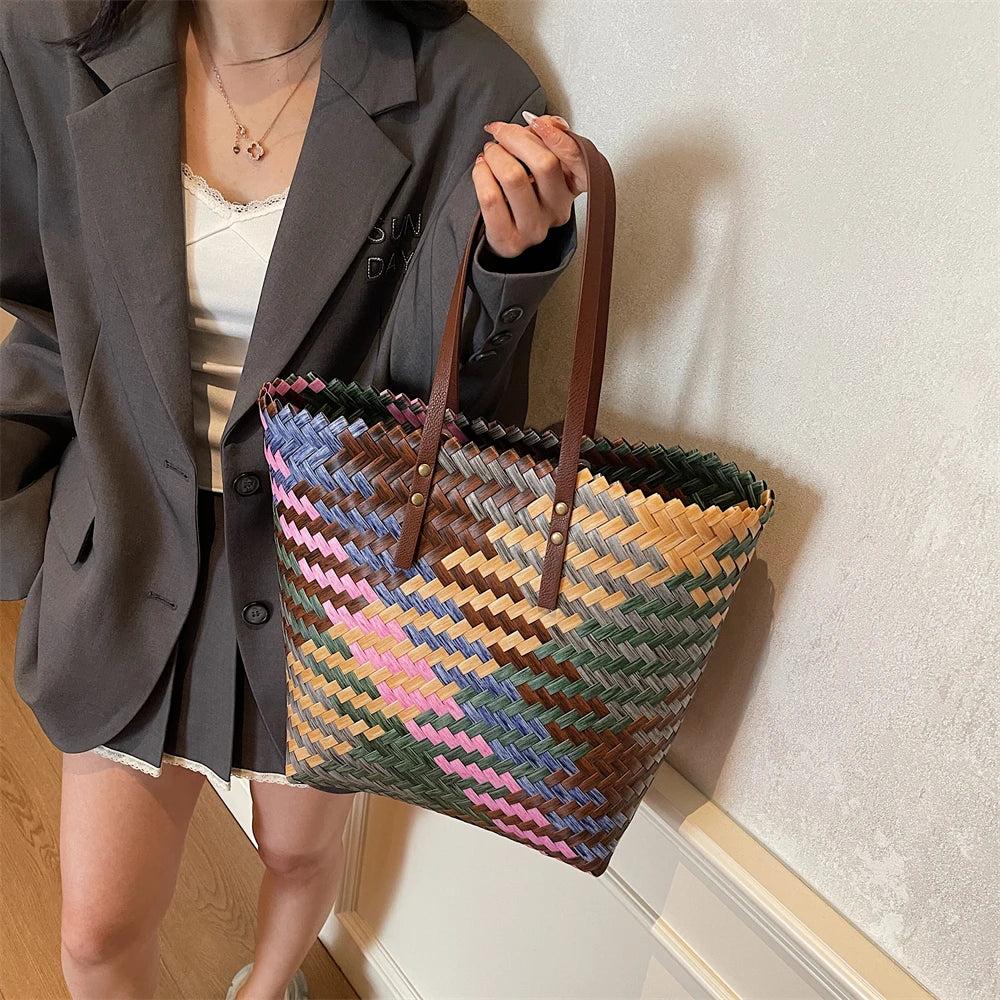 Colorful Braided PVC Tote Bag for Women With Large Capacity