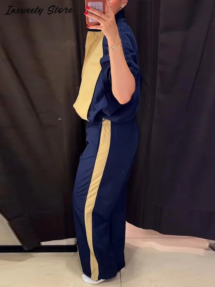 Color Block Two Piece Tracksuit With Cropped Jacket for Women