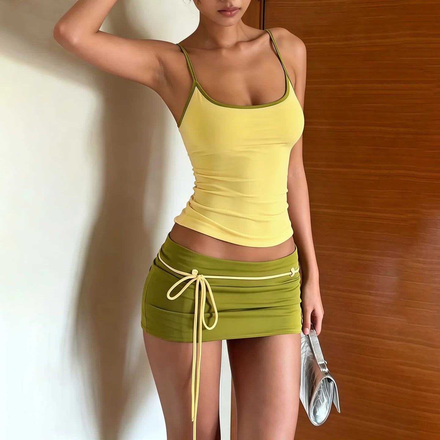 Color Blocking Two Piece Set Backless Camisole And Tassel Skirt for Women