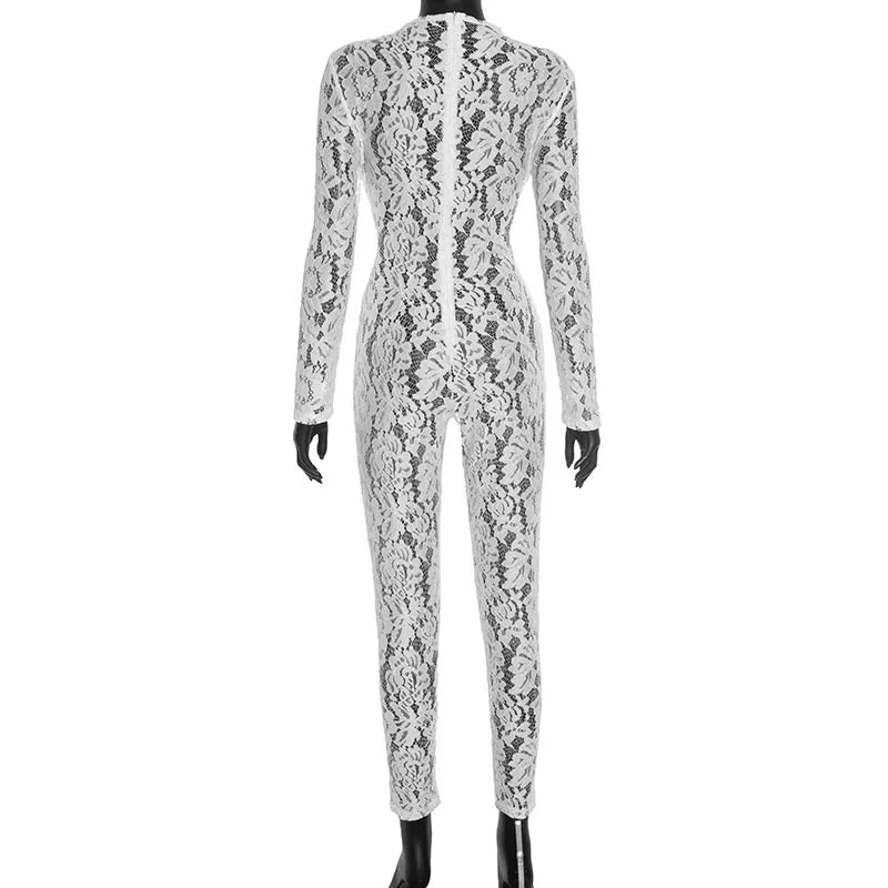 Elegant Sheer Lace Long Sleeve Skinny Jumpsuit for Women