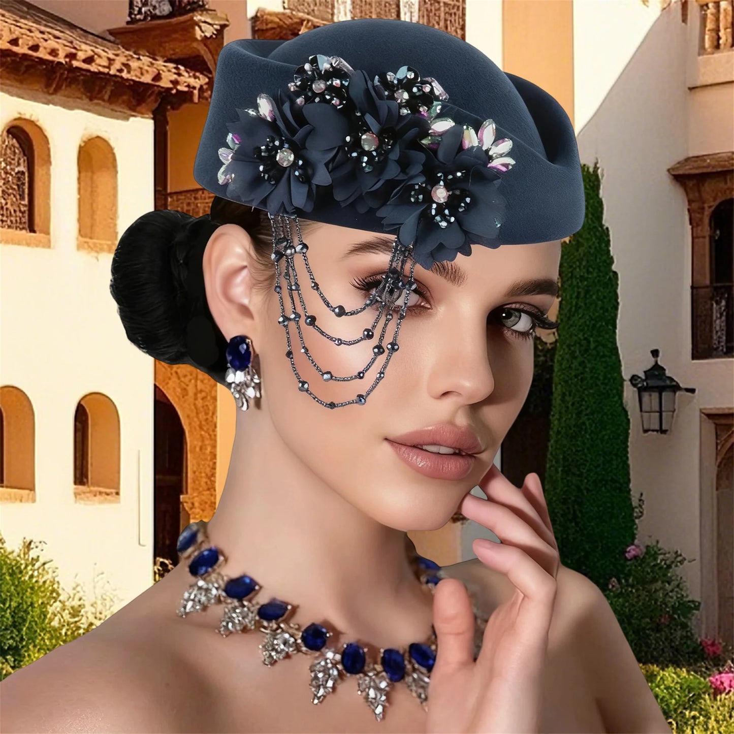 Retro British Beret With Floral Rhinestone Decor For Women