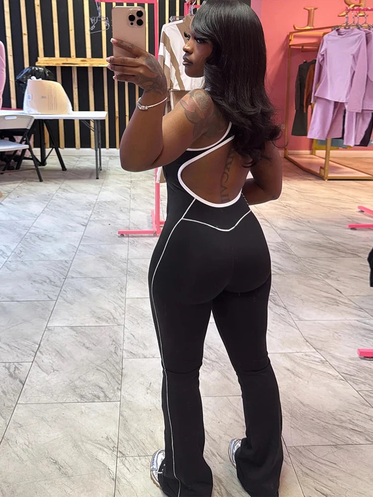 Cutenew Panelled Stripe Women Jumpsuits Casual Summer Sporty O-neck Sleeveless Backless Skinny Overalls Female Active One Piece