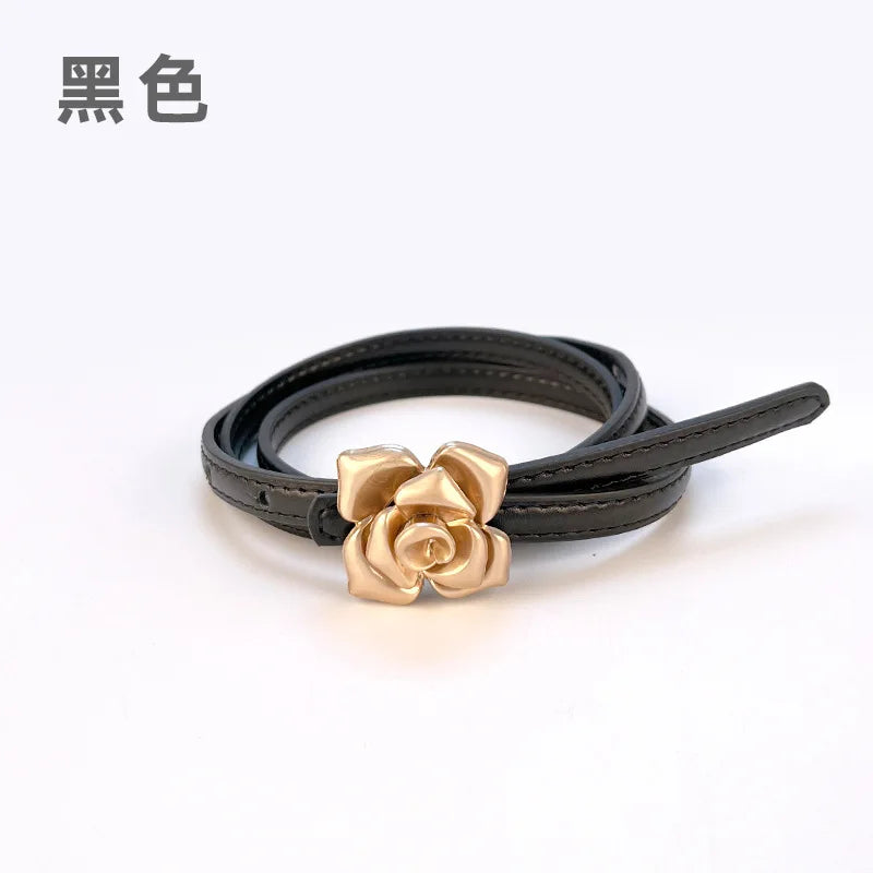 Double Sided Metal Flower Buckle Thin Belt for Women