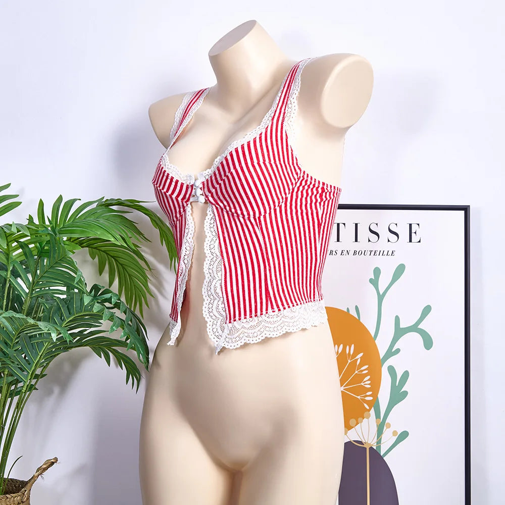 Striped Lace Trim V-Neck Slim Fit Camisole Top for Women