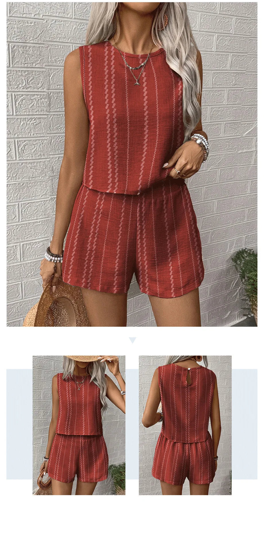 Vertical Striped Crop Top And Shorts Two Piece Set for Women