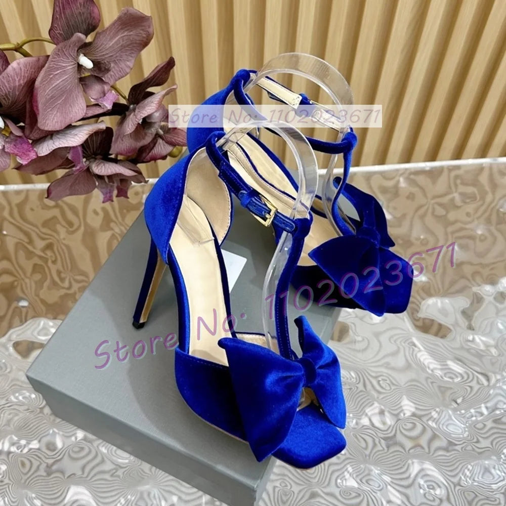 Bow-embellished Velvet Sandals Women's Luxury T Strap Square Toe High Heels Sandals Newest Luxury Party Trendy Cover Heel Shoes
