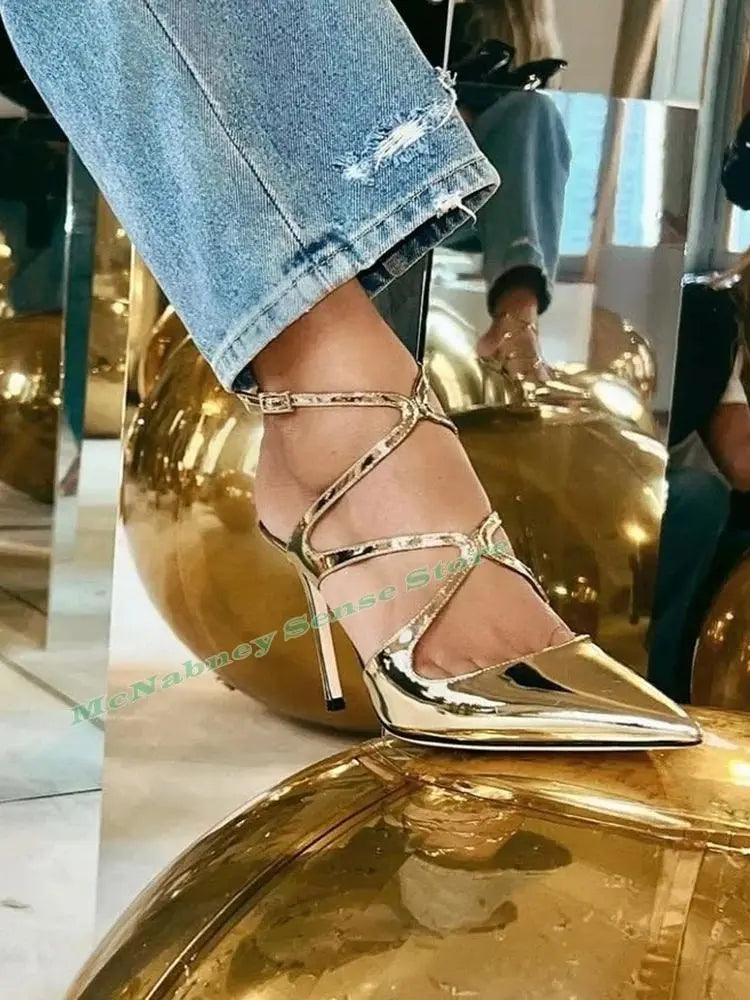 Elegant Gold Pointy Toe Buckle Strap Thin Heel Sandals for Women
