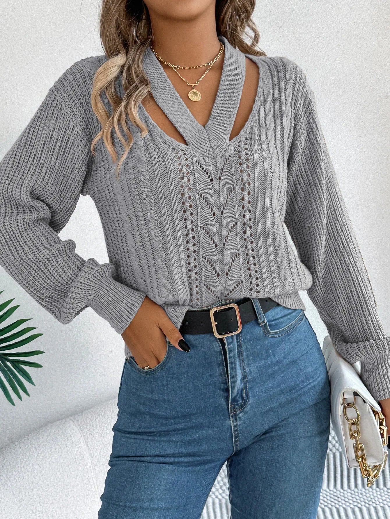 Casual Sweater Women Streetwear Hollow V-neck Elegant Lantern Sleeve Head Tops 2024 Autumn/Winter New Long Sleeved T-shirt Y2k