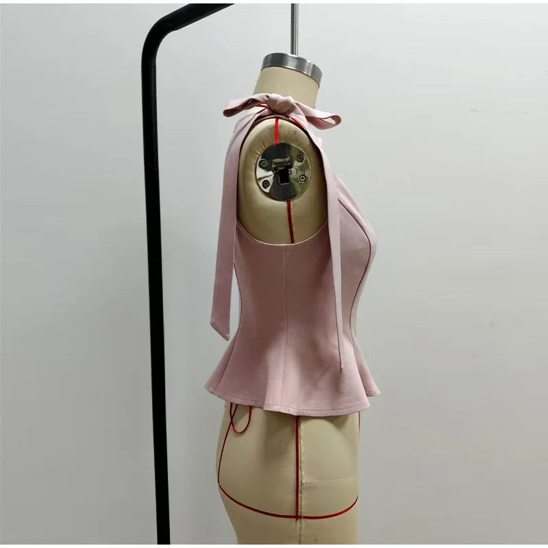 Lace Up Bow Detail Round Neck Sleeveless Top For Women