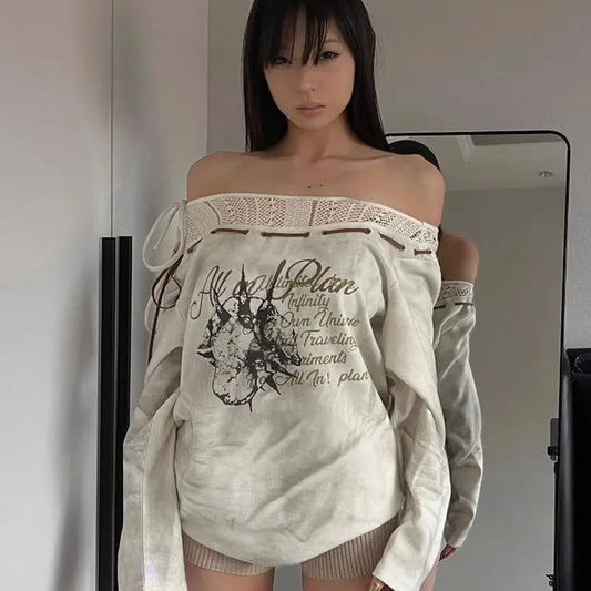 Subculture Street Style Hollowed Out Artistic Letter Print One-length Neck Long-sleeved T-shirt Women Loose Casual Versatile Top