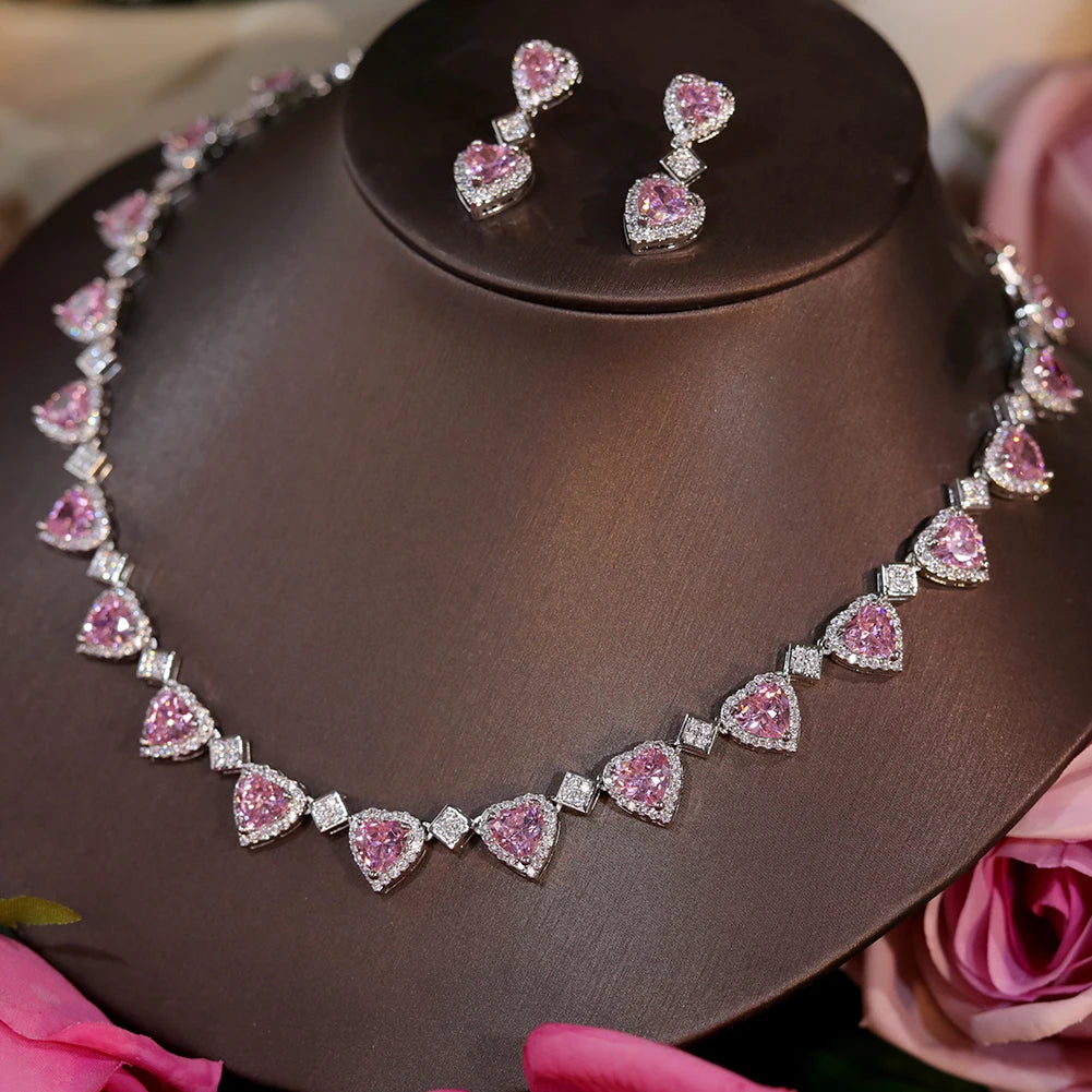 Pink Heart Crystal Necklace And Earring Set For Women