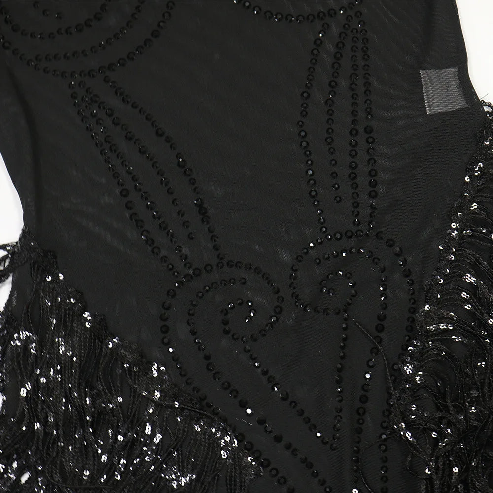 Rhinestone Mesh Tassel Bodycon Mini Dress for Women