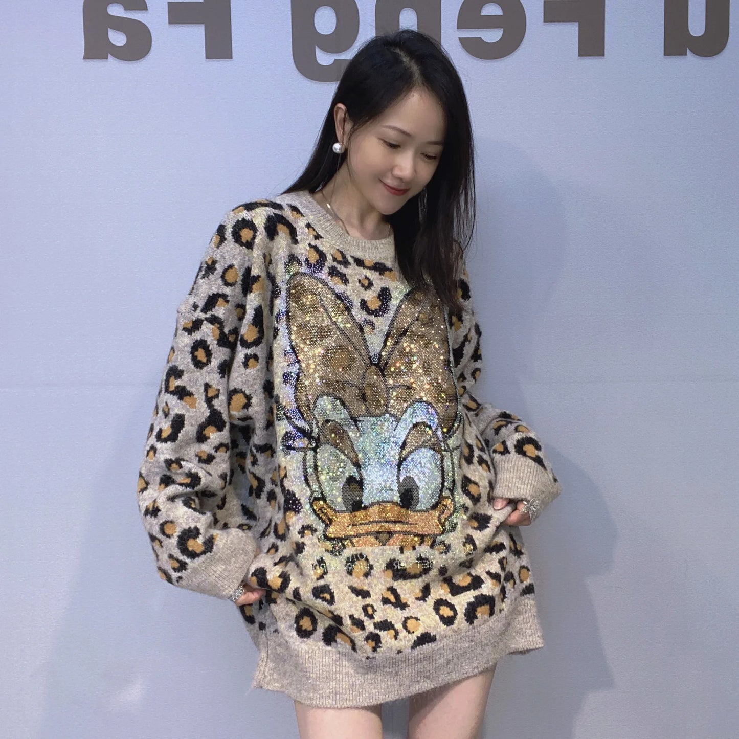 Heavy Industry Rhinestone Mid-length Sweater Coat Winter Leopard Print Thickened Knitted Top Jacket Long-sleeves O-neck Jumpers