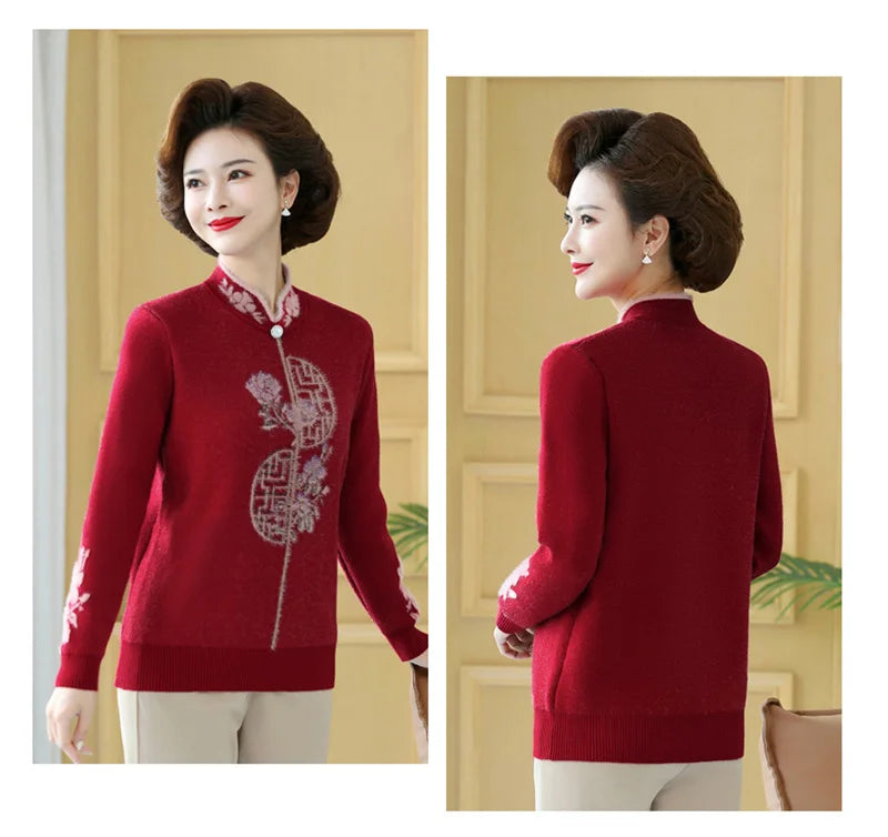 2025 Autumn New Mom's Velvet And Warm Knitted Embroidered Bottom Shirts Imitation Mink Fleece Winter Inner Plsh Thick Pullover