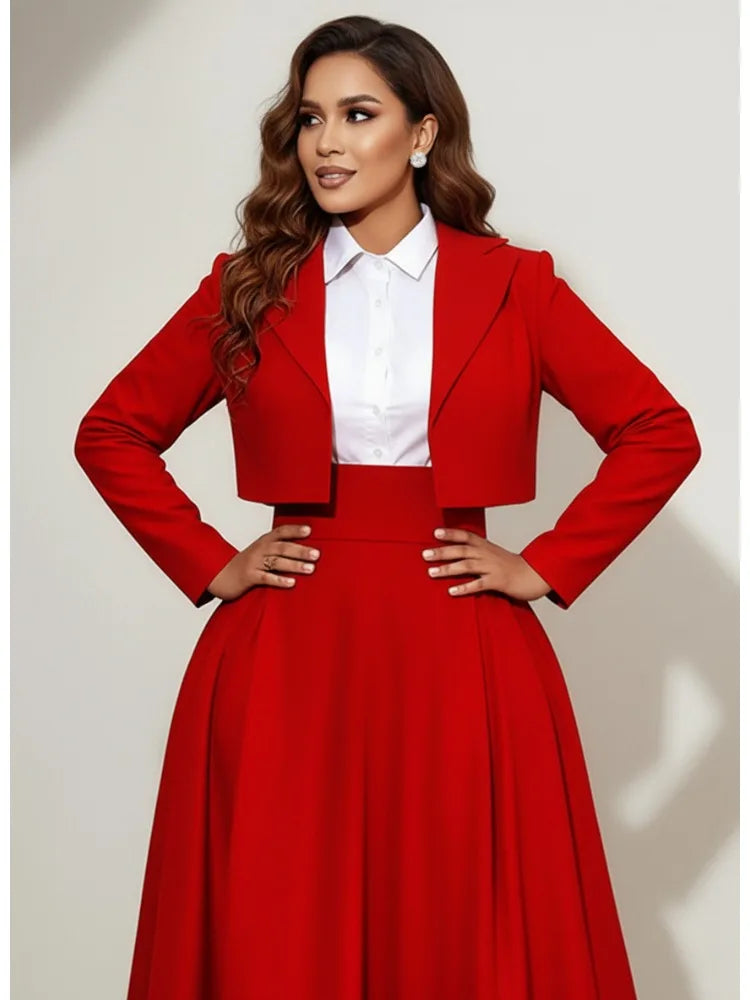 Classic Solid Red Cropped Blazer With Long Sleeves For Women