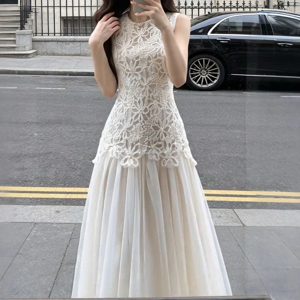 Regular Fit Crew Neck Embroidered Summer Midi Dress for Women