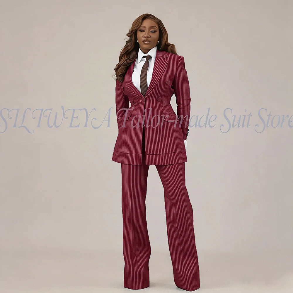 Slim Fit Brown Striped Blazer Set With Pants For Women