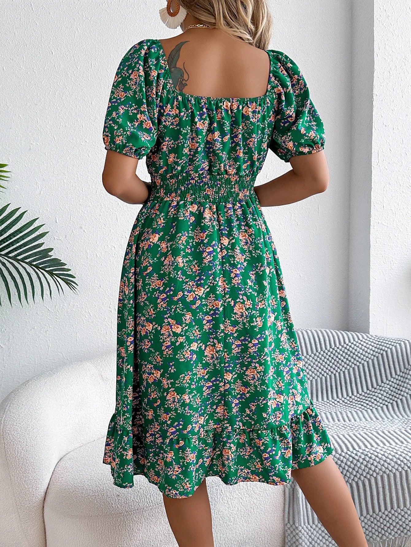Floral Square Neck Short Sleeve High Waist Swing Dress for Women
