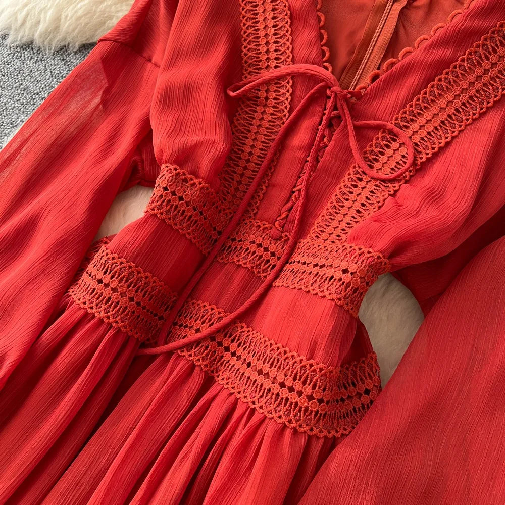 Elegant French V-Neck Waist-Cinching Maxi Dress for Women