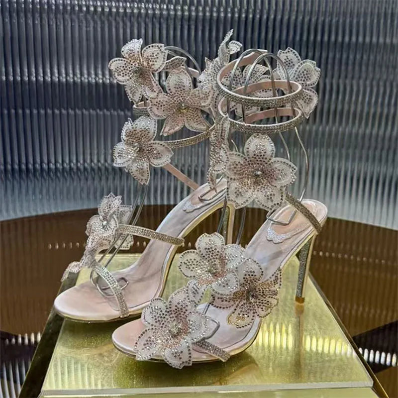 Rhinestone Flower Embellished Wedding High Heel Sandals for Women